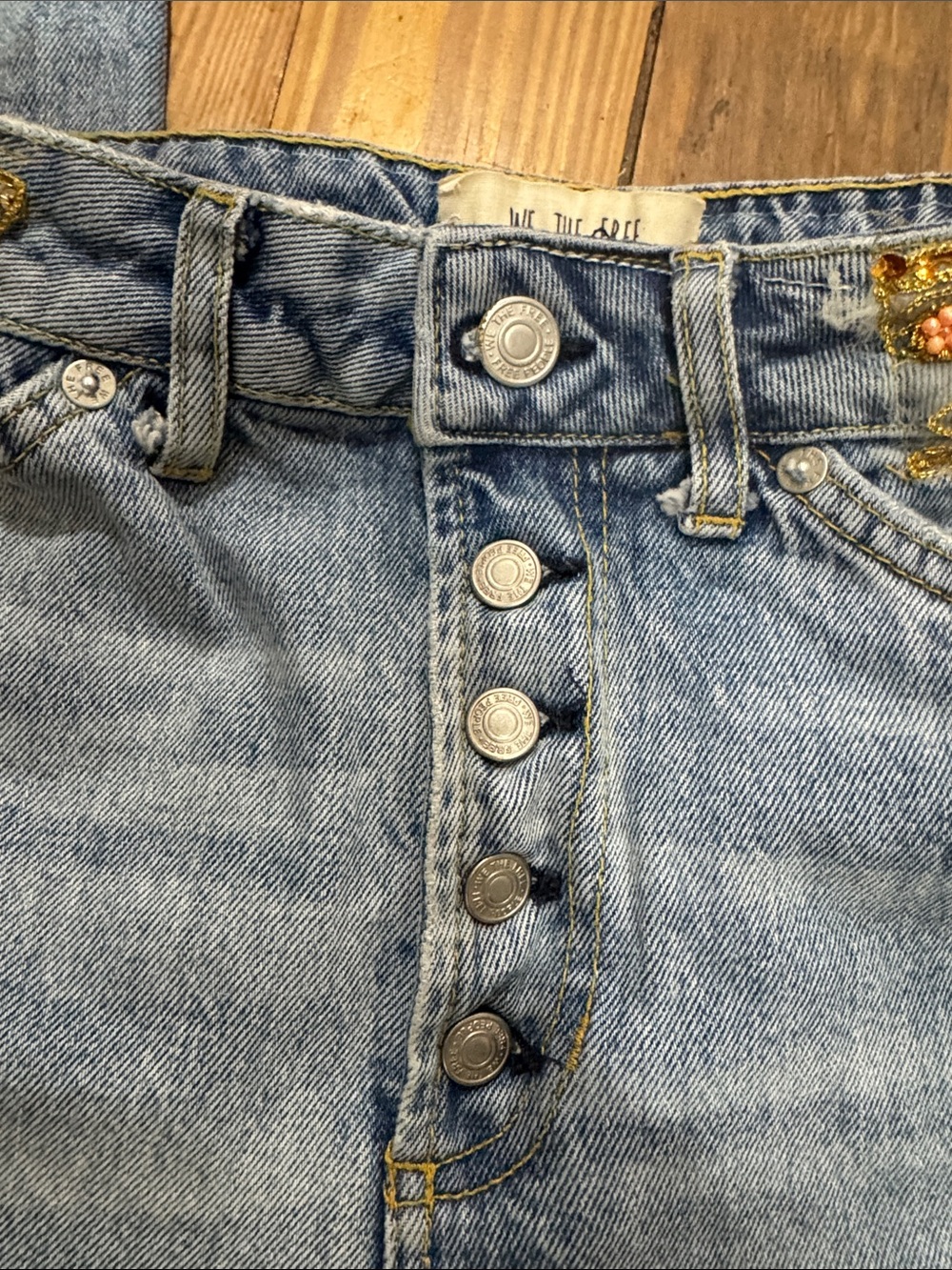 We The Free Light Blue Straight Leg Jeans with Gold Embroidered & Red Bead Waist - Picture 10 of 11